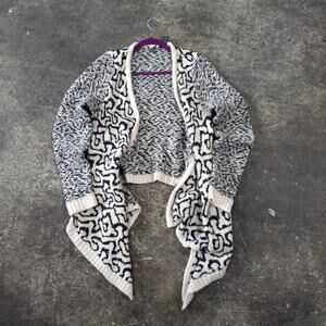 BKE Buckle Open Front Cardigan Sweater Womens L Ivory Wrap Boho Zebra Pattern